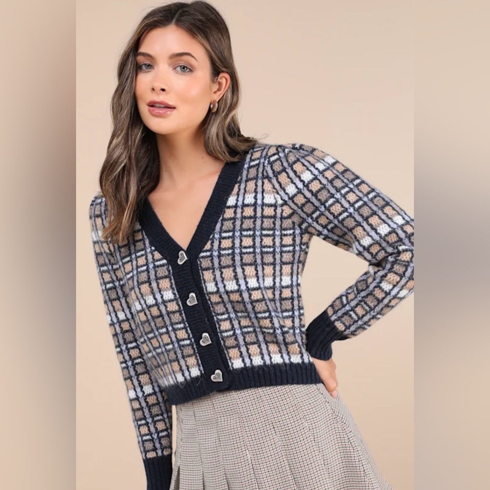 Lulus NWT Delightful Confidence Navy Blue Plaid Heart Button Cardigan Small